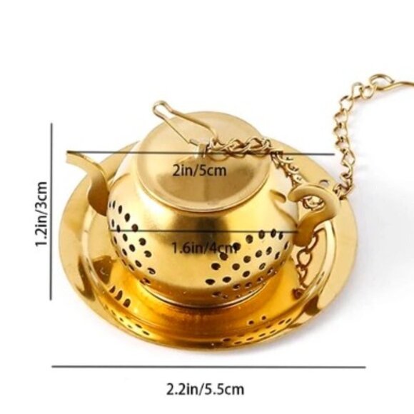 Tea Strainer Teapot Design Loose Tea Gold Tone Stainless - Picture 2 of 2
